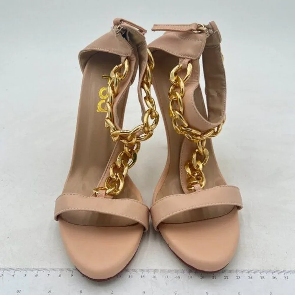 FSJ Nude T-Straps High Heel Sandals Golden Chains Open Toe Ankle Straps Shoes - Picture 3 of 8